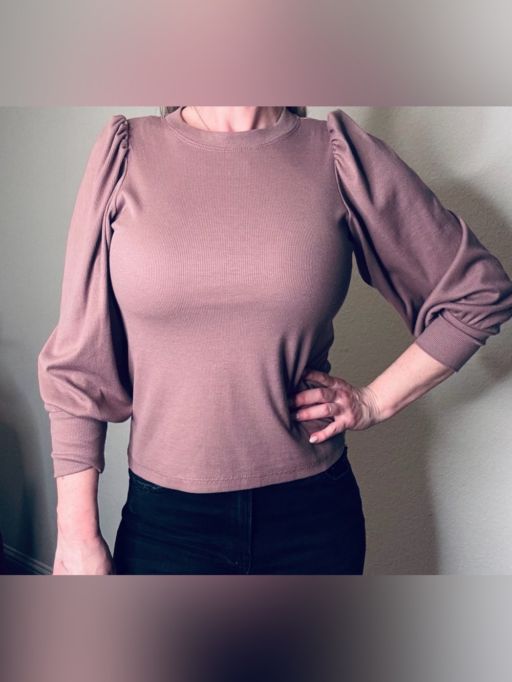 NWOT Philosophy Ribbed Knit Puff Sleeve Top (Mauve) Sz M
